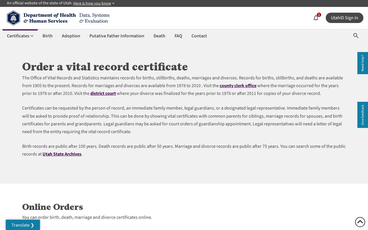 West Valley City people search options for ordering Utah vital records