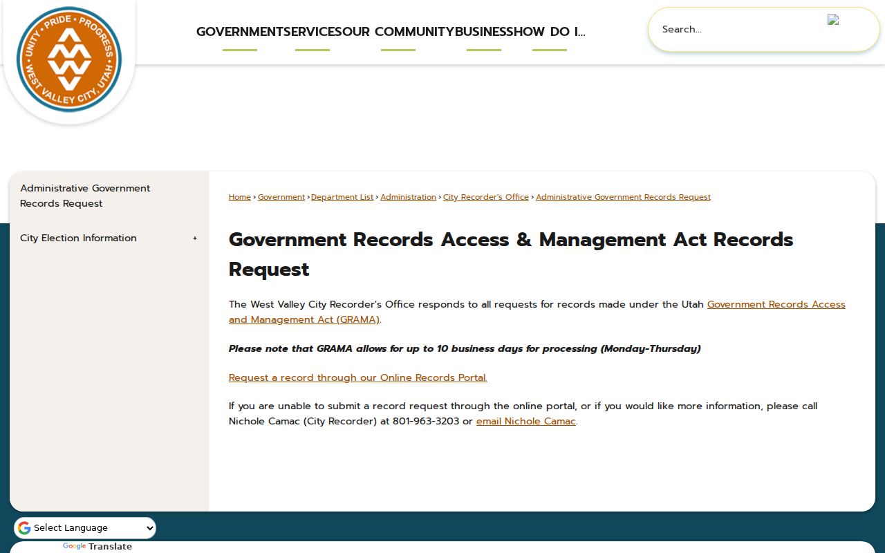 West Valley City public records GRAMA request portal